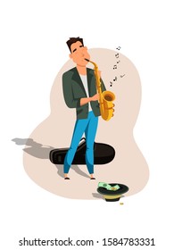 Young male jazz saxophonist in suit and hat isolated on white. Talented musician performance. Saxophone player cartoon character. Man playing musical instrument. Vector flat illustration