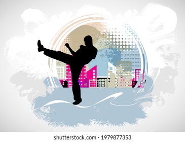 Young male karate warrior. Healthy lifestyle. Martial arts. Vector