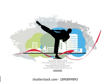 Young male karate warrior. Sport background ready for poster or banner, vector.