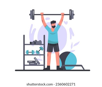 Young male lifting barbell. Active and strong male training in gym. Strong and resilient athlete. Flat vector illustration in cartoon style in blue colors