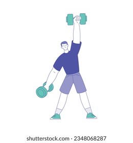 Young Male Lifting Heavy Dumbbell Doing Intensive Body Training and Sport Workout Vector Illustration