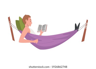 Young Male Lying in Hammock and Reading Book Vector Illustration