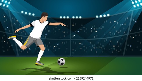 Young male, man, boy, soccer, football player kick, shoot ball, penalty, pass, field, shootout. Footballer, team, match. Goal action, activity, professional sportsman, champion. Vector illustration 