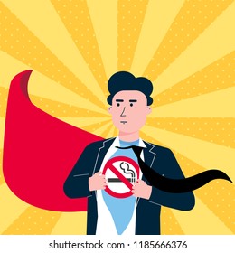 Young male man tears shirt and shows t-shirt with no smoking sign icon flat style design vector illustration isolated white background. Concept super hero No smoking man template. The city needs him.