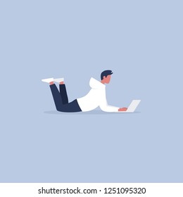 Young male manager lying down on the floor with the laptop. Modern office. Freelance. Daily routine. Millennial lifestyle. Flat editable vector illustration, clip art