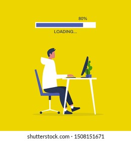 Young male manager sitting in front of the monitor. Modern office. Millennials at work. Business process. Flat editable vector illustration. Loading bar. Progress indicator.