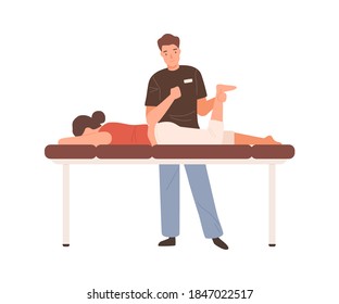 Young male massagist or osteopath doing manual massage. Professional physiotherapist or chiropractor working. Flat vector cartoon illustration isolated on white background