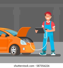 The young male mechanic does computer diagnostics laptop of the car in the service center, the garage. Vector illustration in flat style. Concept design work of the repair shop