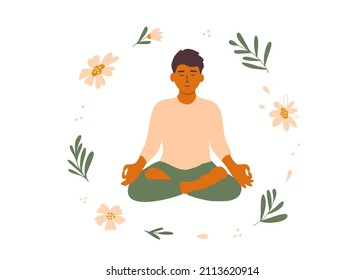 Young male meditating sitting lotus pose. Mindfulness meditation, practice, inner harmony, balance mind, body, soul. Man among flowers, plants. Self care, zen, relax. Outdoor yoga vector illustration