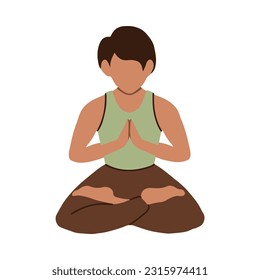 Young male meditating sitting lotus pose. Mindfulness meditation, practice, inner harmony, balance mind, body, soul. Man among flowers, plants. Self care, zen, relax. Outdoor yoga vector illustration