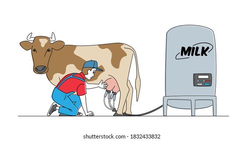 Young Male Milkmaid Character In Uniform Presenting Automatic Machine For Cow Milking. Milk And Dairy Farmer Agriculture Production, Farming Rancher Working On Animal Farm. Linear Vector Illustration