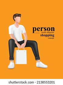 Young male model wearing a white t-shirt and black pants. sitting in an oblique angle He held a shopping bag in his hand,vector character 3d for shopping advertising concept design