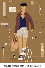 Young male models walking , A young man carrying a large bag