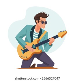 Young male musician character playing guitar. Hobbies and entertainment concept. Retro style illustration