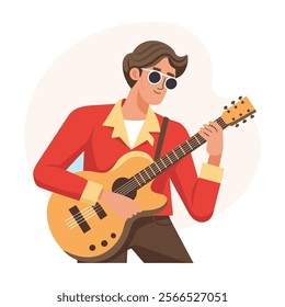 Young male musician character playing guitar. Hobbies and entertainment concept. Retro style illustration