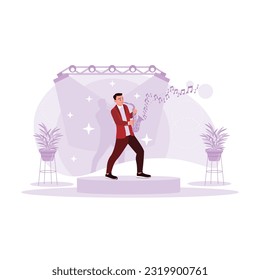 Young male musician playing the saxophone on a big stage. Trend Modern vector flat illustration.