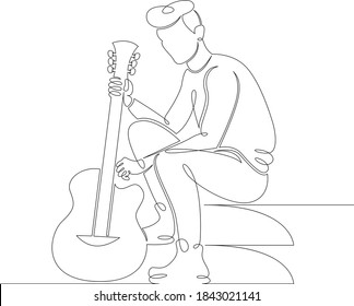 Young male musician sits on the steps with a guitar in his hands. One continuous drawing line, logo single hand drawn art doodle isolated minimal illustration.