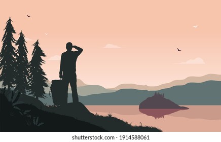 Young male in nature enjoying view of landscape and lake. Hiking and travel background with copy space for text. Vector illustration.