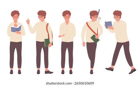 Young male nerd character in various thoughtful and academic poses holding books and wearing glasses perfect for education learning or school projects isolated on white background vector illustration