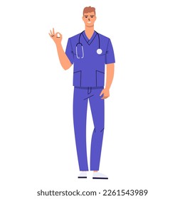 Young male nurse gesturing ok. The doctor gestures to show that everything is fine, cool and perfect. A character with a stethoscope and wearing scrubs. Flat vector isolated on white background.