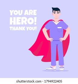 Young male nurse hospital medical employee with hero cape behind fights against diseases and viruses on frontline flat style vector illustration. Future doctor or surgeon medical clinic staff new hero