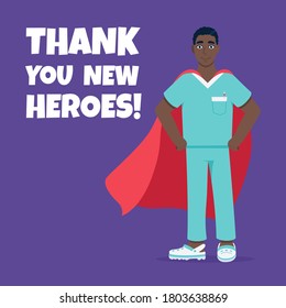Young male nurse hospital medical employee with hero cape behind fights against diseases and viruses on frontline flat style vector illustration. Future doctor or surgeon medical clinic staff new hero