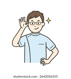 A young male nurse pushing up his glasses and grinning with confidence