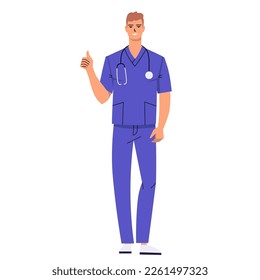 Young male nurse showing thumb up. Gesture of approval, confirmation, cool, good. Doctor with stethoscope and wearing scrubs. The character is isolated on a white background. Flat style. Vector.