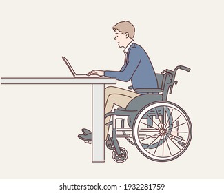 young male office worker in a wheelchair looking at the screen of his laptop while performing in co-working space. Hand drawn style vector design illustrations.