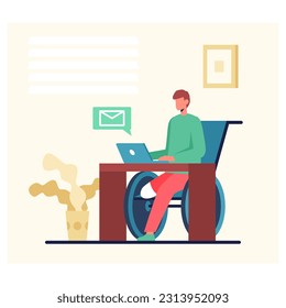 Young male on wheelchair, without leg sitting at table and working on laptop from home. Distant work for disabled people. Overcoming difficulties and returning to normal life concept. Flat vector