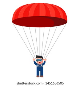 young male parachitist with a red parachute. extreme sport. leisure. flat vector illustration.
