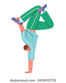 Joven masculino realizando pose de silla de aire, bailarina de breakdance. De pie sobre una mano con los pies arriba. Dibujado a mano ilustración vectorial, aislado en blanco