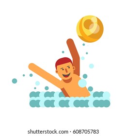 Young male person playing with yellow ball in water. Boy full of energy spends his time actively in river vector illustration in flat design. Smiling child raises his hands to catch round element