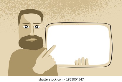 Young male person showing blank white poster with copy space area. Character holding empty banner, signboard or billboard. Cartoon illustration in abstract style