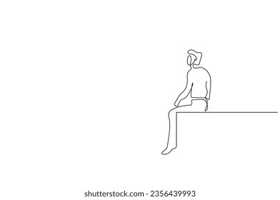 young male person sitting the top the hill watching looking at the horizon life line art design