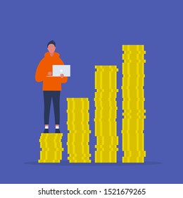 Young male personal financial online consultant holding a laptop and standing on a stack of coins