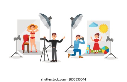 Young Male Photographer with Camera Taking Photo of Woman and Kid Vector Illustration Set