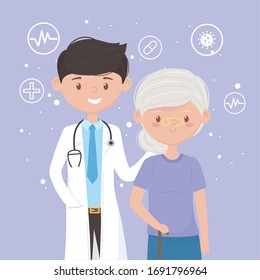young male physician and elderly woman medical staff professional practitioner cartoon character vector illustration