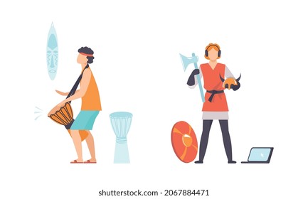 Young Male Playing Drum and Wearing Viking Costume for Role Play Vector Set