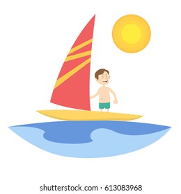A young male playing wind surfing cartoon illustration