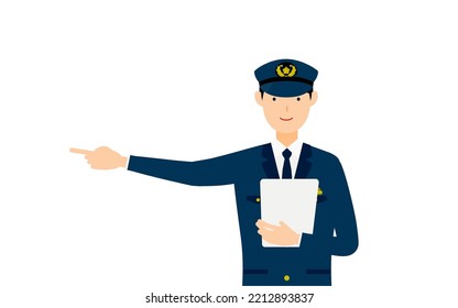 Young male police officer posing, Pointing with a clipboard