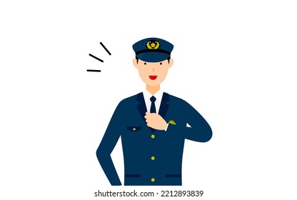 Young male police officer posing, Clapping your chest