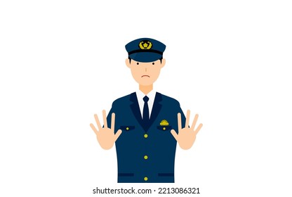 Young male police officer posing, Putting both hands out in front of you to stop