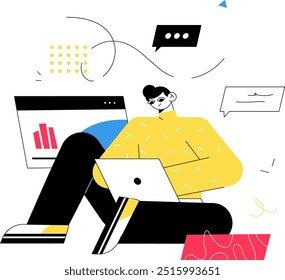 A young male professional analyzes data on a laptop in a modern workspace. The flat vector illustration features chat bubbles and graphs, emphasizing digital communication and data analysis. 