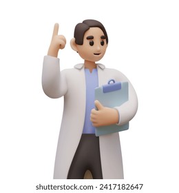 Young male in professional uniform holding checklist and calls for health checks. Professional medical worker in cartoon style. Vector illustration in 3d style