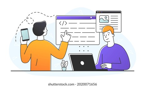 Young male programmer is working on web development on laptop. Concept of script coding and website programming. Mobile app and computer software developing courses. Flat cartoon vector illustration