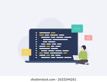A young male programmer writing source code on a laptop