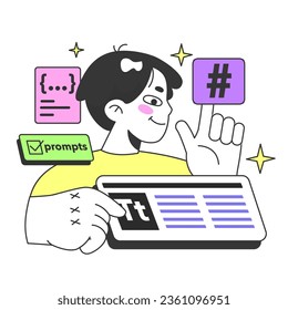 Young male prompt-engineer writing a prompt to a artificial neuron network. Artificial intelligence development. Character using AI to create a text or an image. Flat vector illustration