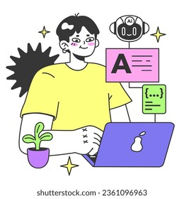 Young male prompt-engineer writing a prompt to a artificial neuron network. Artificial intelligence development. Character using AI to create a text or an image. Flat vector illustration