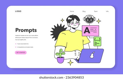 Young male prompt-engineer writing a prompt to a artificial neuron network web banner or landing page. Artificial intelligence development. Character using AI. Flat vector illustration
